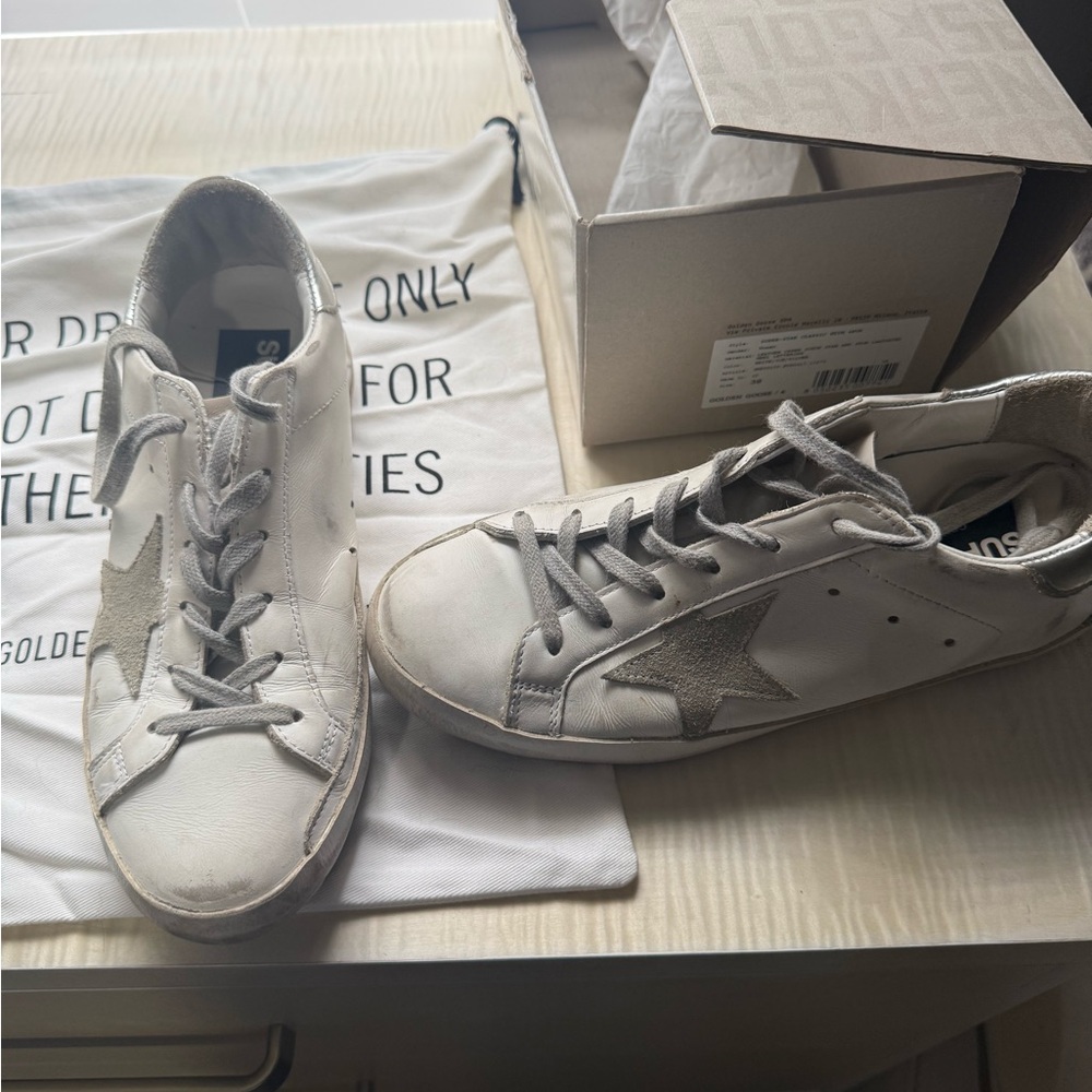 Golden Goose White Leather Sneakers with Silver Star Accent - Picture 2 of 4